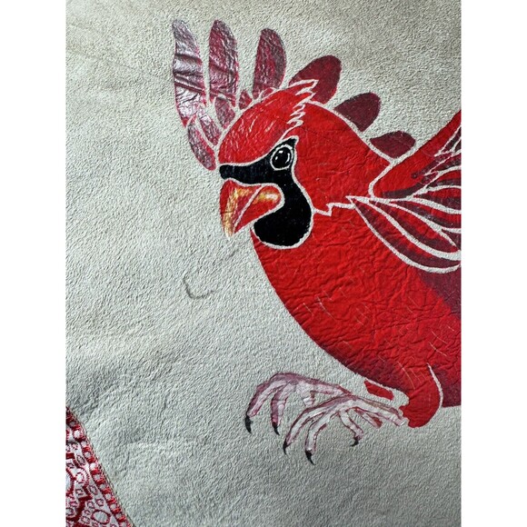 Vtg Hand Painted Cardinal Bird Square Pillow 15”x15”  tan red Leather/Satin - Picture 4 of 10